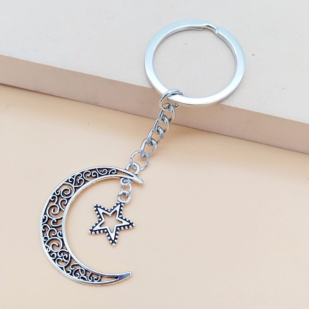 Wholesale keychain pentagram star peach heart pendant vintage sun moon combination keychain ornaments