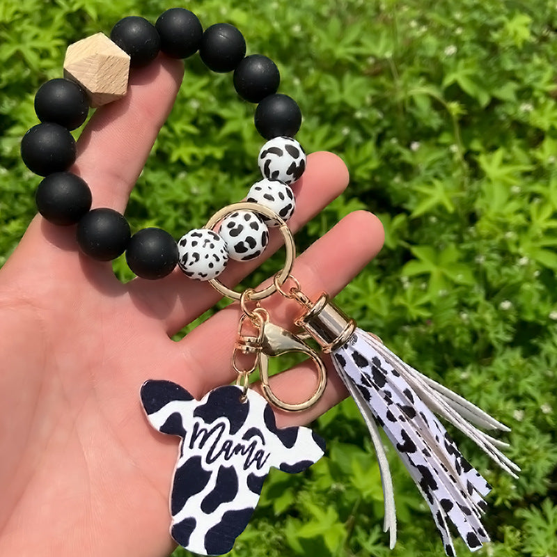 Wholesale Western Style Leopard Print Silicone Bead Bracelet Keychain