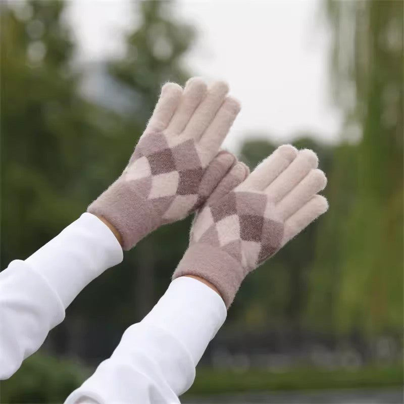 Wholesale Warm Touch Screen Rhombus Thickened Finger Gloves