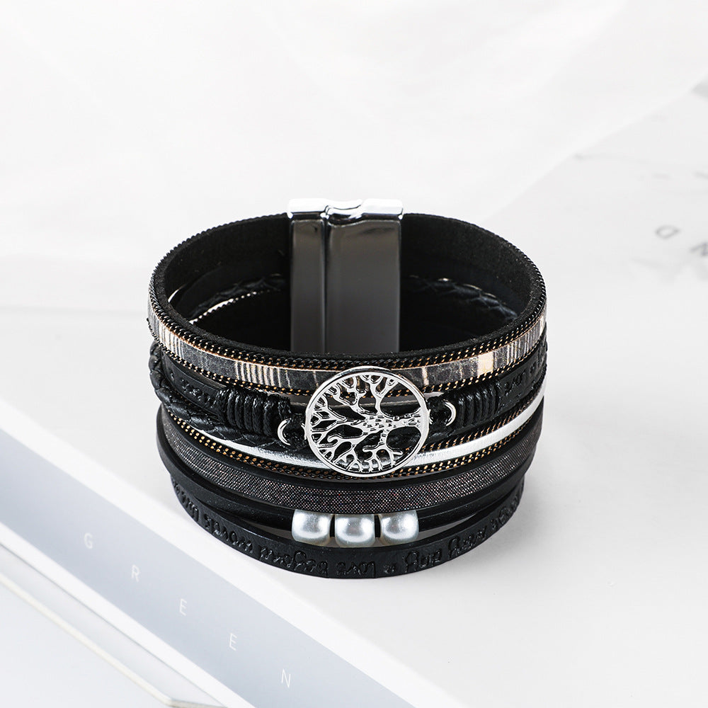 Wholesale Hand Woven Leather Hollow Tree of Life Multilayer Bracelet