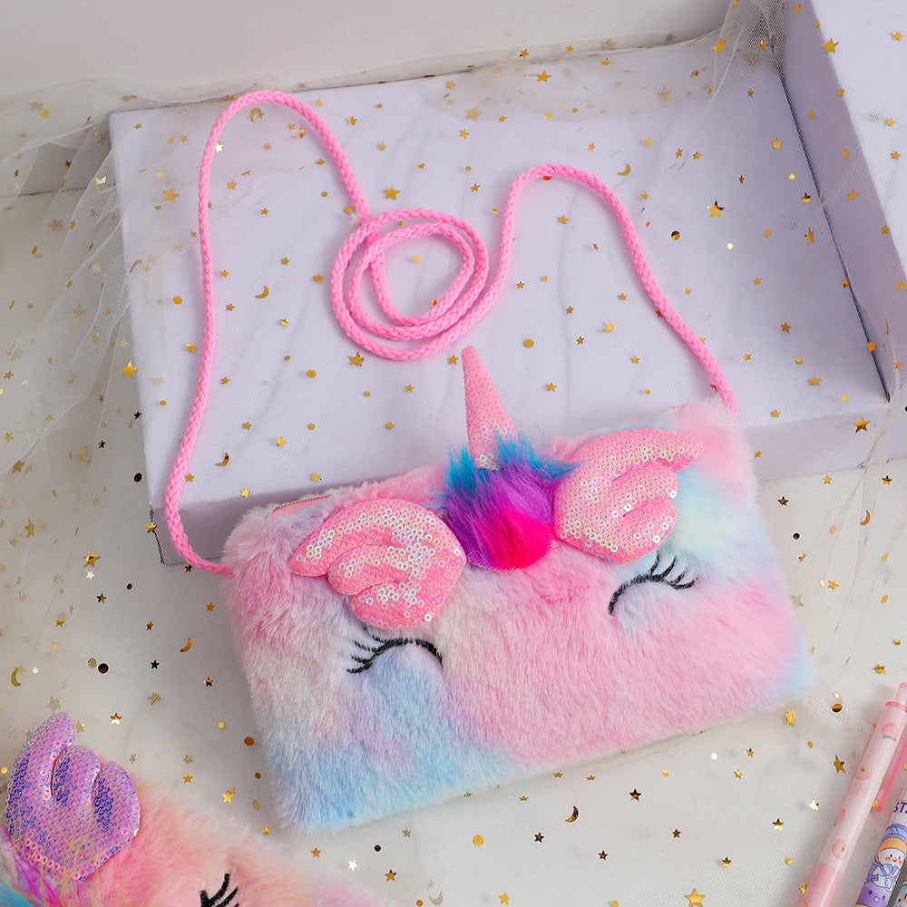 Wholesale Unicorn Square Squinting Plush Crossbody Girls Coin Purse