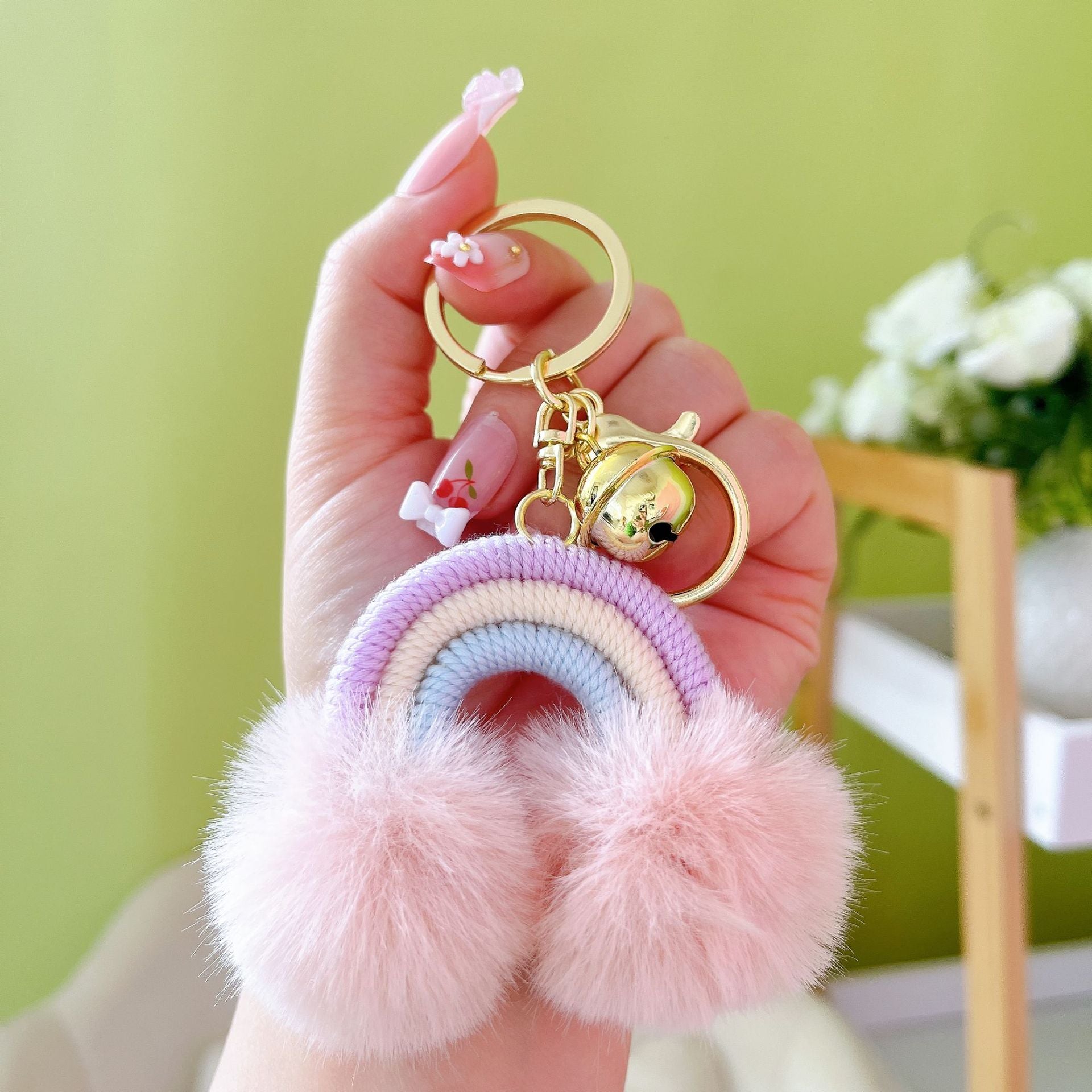 Wholesale Bohemian style creative rainbow fur ball keychain pendant