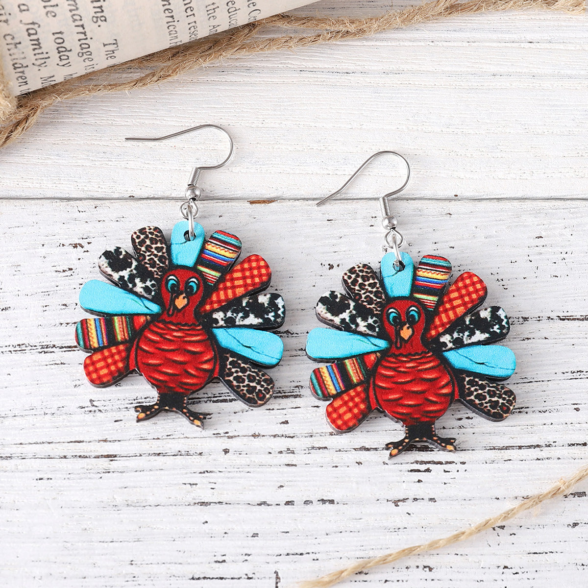 Wholesale  New Thanksgiving Leopard Print Turkey Pendant Earrings Wooden Double-Sided Autumn Harvest Thanksgiving Party Earrings