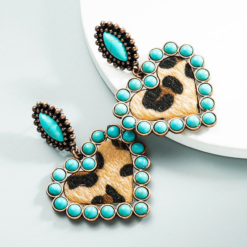 Wholesale Creative leopard print fabric with turquoise heart exaggerated earrings