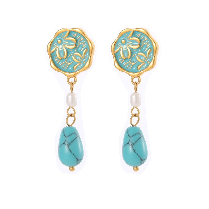 Wholesale Natural Turquoise Fan-shaped Hollow Stainless Steel Earrings