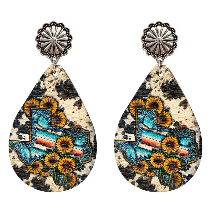 Wholesale Western Style Cow Pattern Sunflower Texas Map Leather Drop Earrings