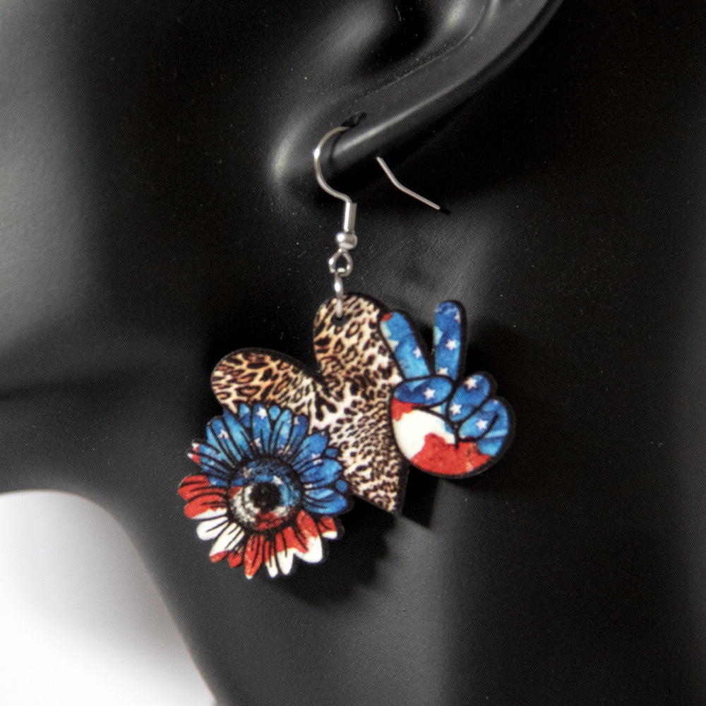 Wholesale Love Leopard Pattern Star Stripe Sunflowers Victory Independence Day Double Sided Wooden Earrings