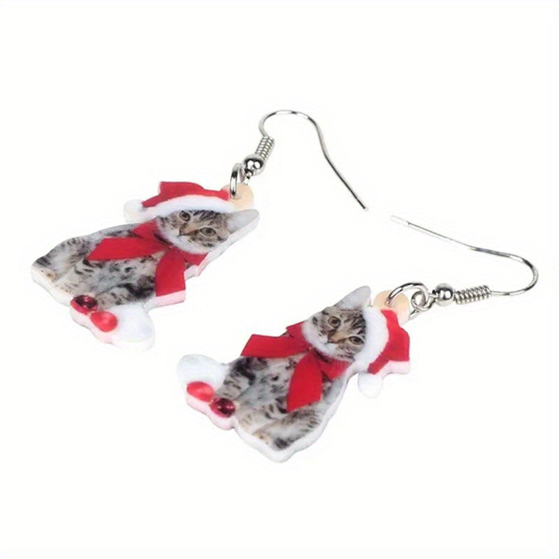 Wholesale Small Cute Christmas Cat Acrylic Holiday Earrings