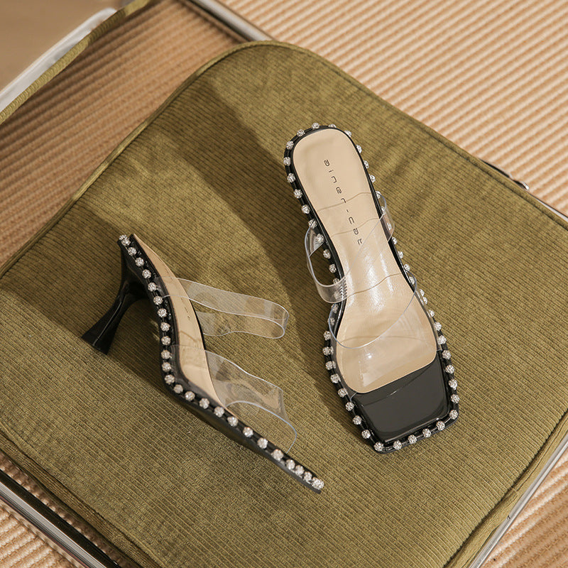 Wholesale square head slippers women's summer wear transparent one-word high-heeled sandals