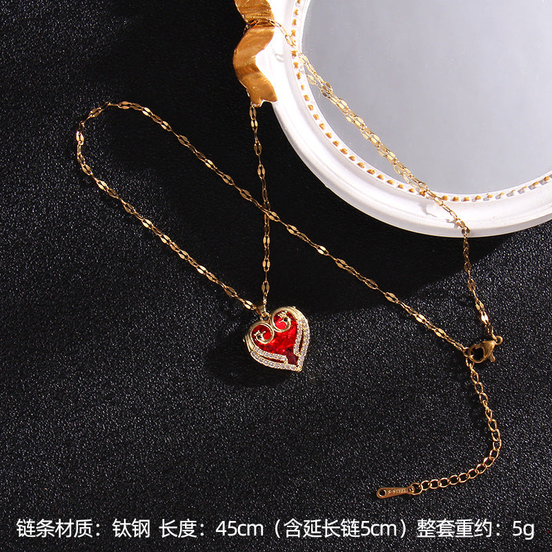 Wholesale Colored Crystal Peach Heart Titanium Steel Jewelry Necklace