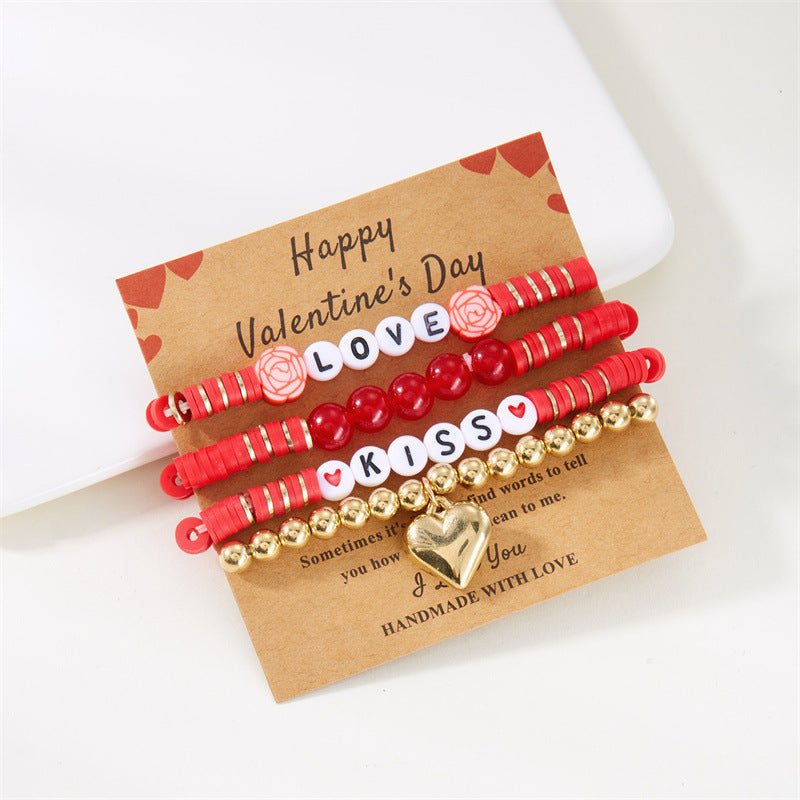 Wholesale Valentine' s Day Multi layered Pink Love Clay Bead bracelet