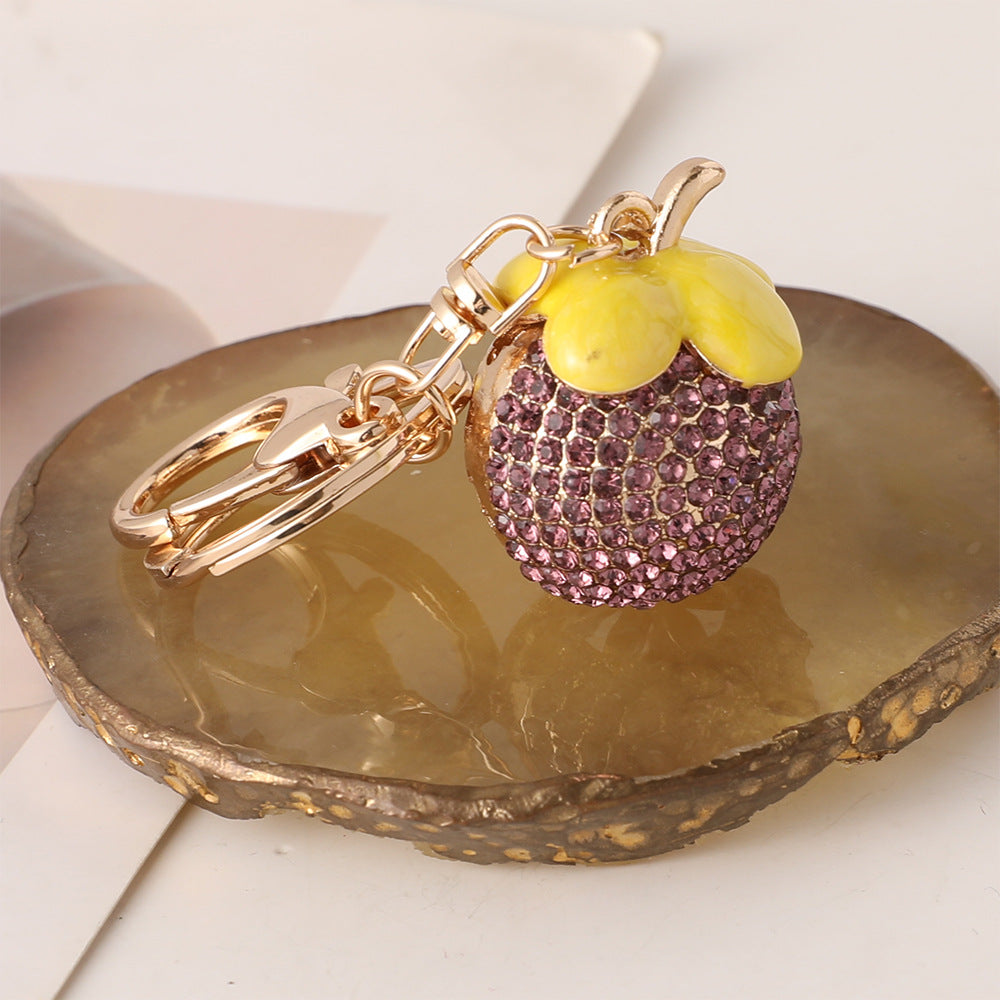 Wholesale Diamond studded mangosteen cute fruit metal keychain