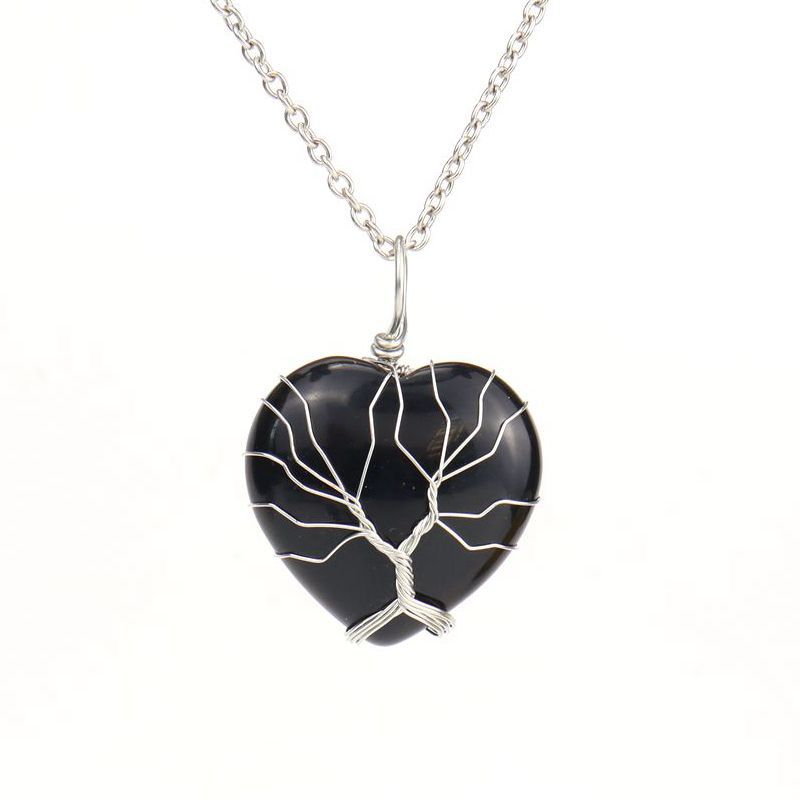 Wholesale Silver Hand-wound Heart Natural Stone Rose Quartz Tree of Life Necklace
