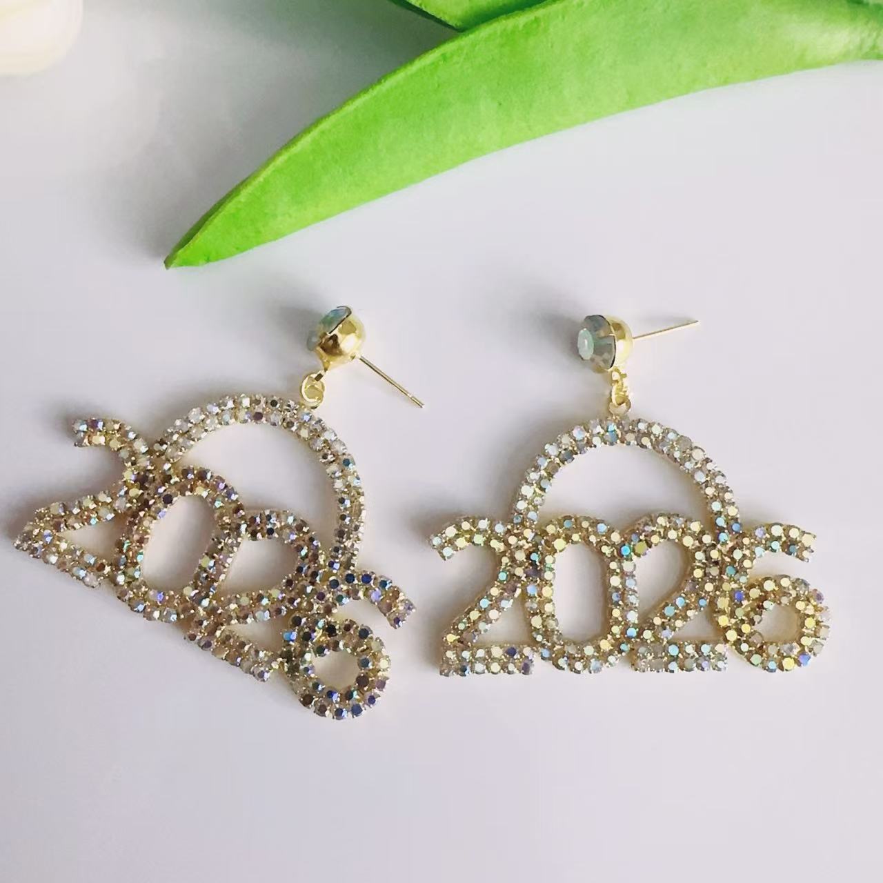 Wholesale Diamond Number 2026 Arched Geometric Blingbling Earrings