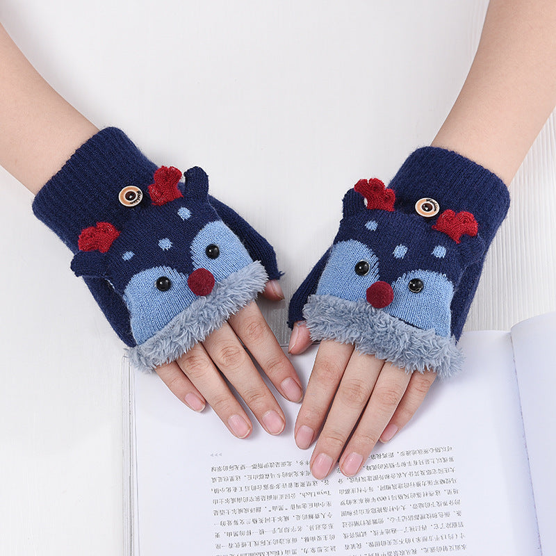Wholesale Children's Winter Plush and Thick Flip Half Finger Knitted Cartoon Imitation Cashmere Gloves