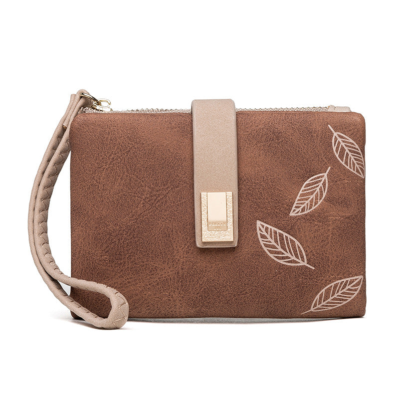 Wholesale Short Matte Leaf Buckle Vertical Zipper PU Wallet