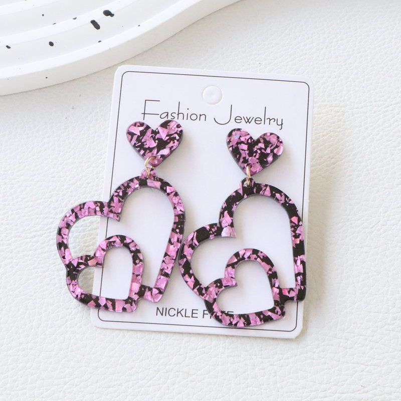 Wholesale Valentine' s Day Black and Pink Hollow Heart Acrylic Earrings