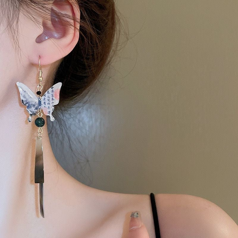 Wholesale New Chinese Style Cold Calligraphy Butterfly Tassel Earrings