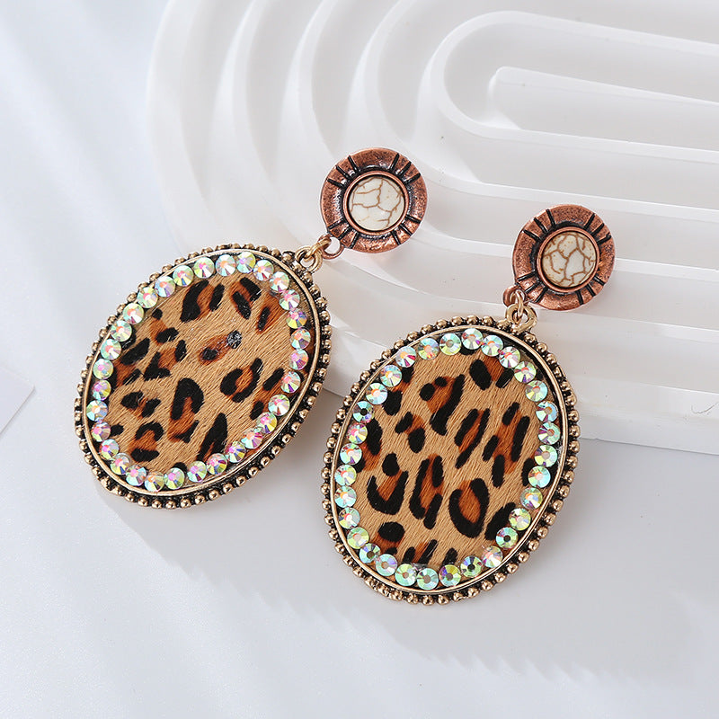 Wholesale Leopard Print Leather Alloy Diamond Turquoise Vintage Earrings