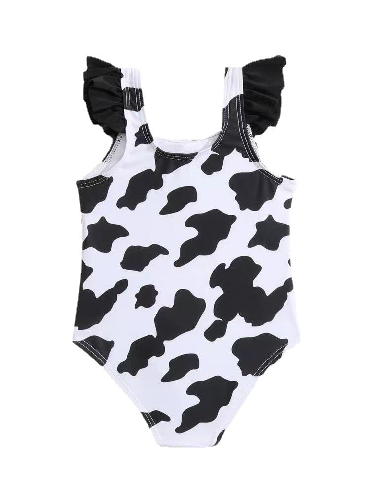Wholesale Baby Girls Ruffles Dairy Cow Black and White Printed Bow One Piece Swimwear