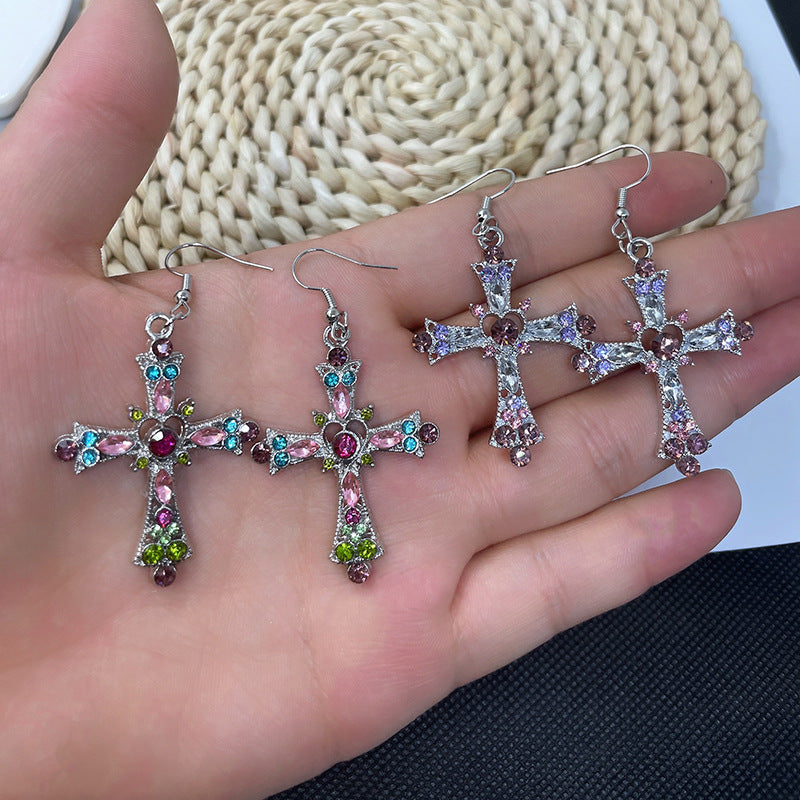 Wholesale 2pairs/pack Bohemian Style Crystal Diamond Color Cross Earrings