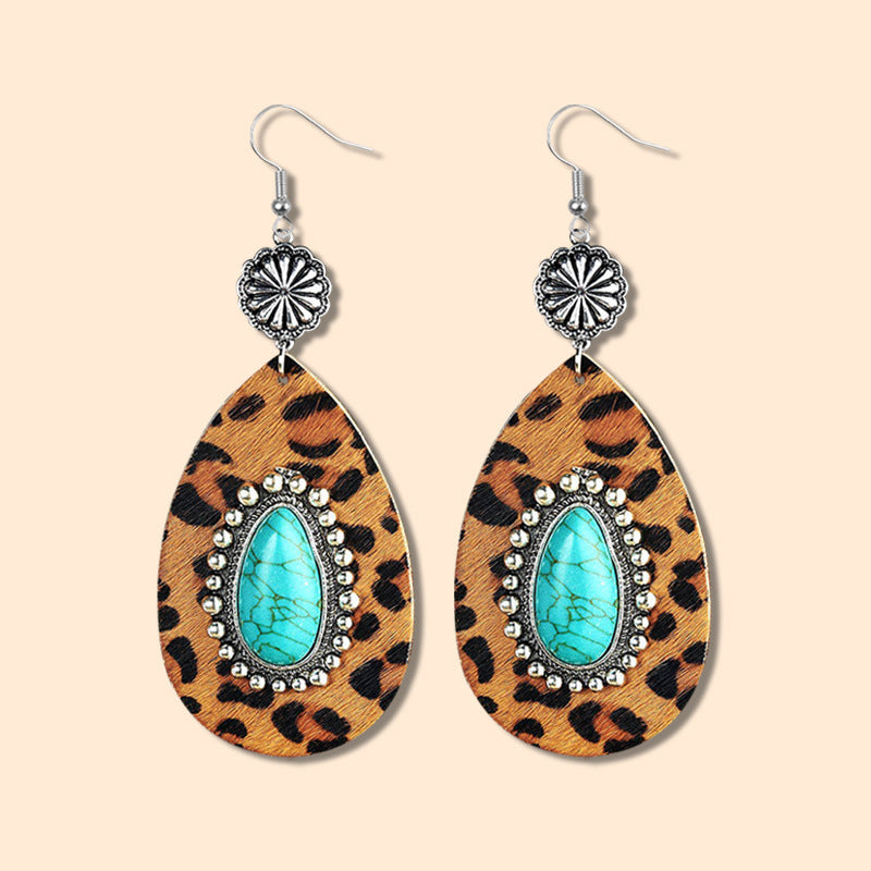 Wholesale Western Style Turquoise Water Drop Leopard Print Leopard Print Geometric Plush Earrings