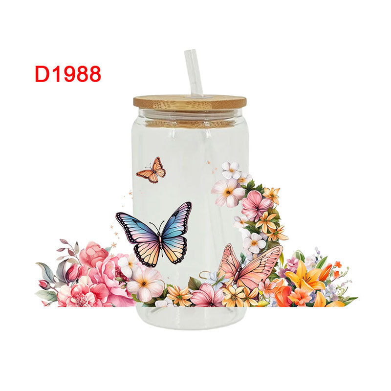 Wholesale Colorful Butterfly Flowers 16oz Cup UV DTF Wraps