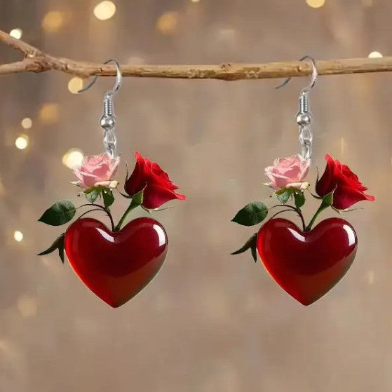 Wholesale Valentine' s Day Heart Red Rose Acrylic Earrings