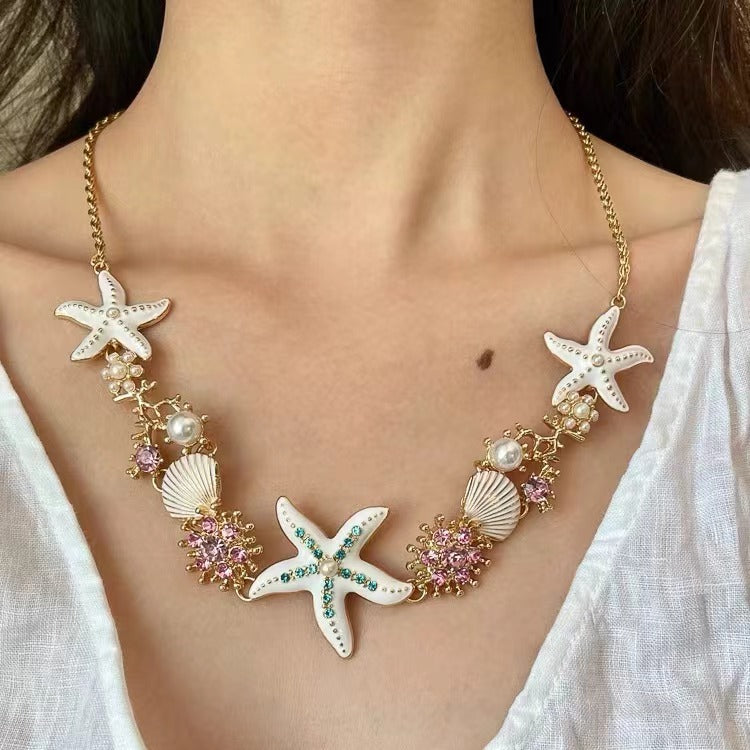 Wholesale Bohemian exaggerated color starfish shell pearl necklace clavicle chain