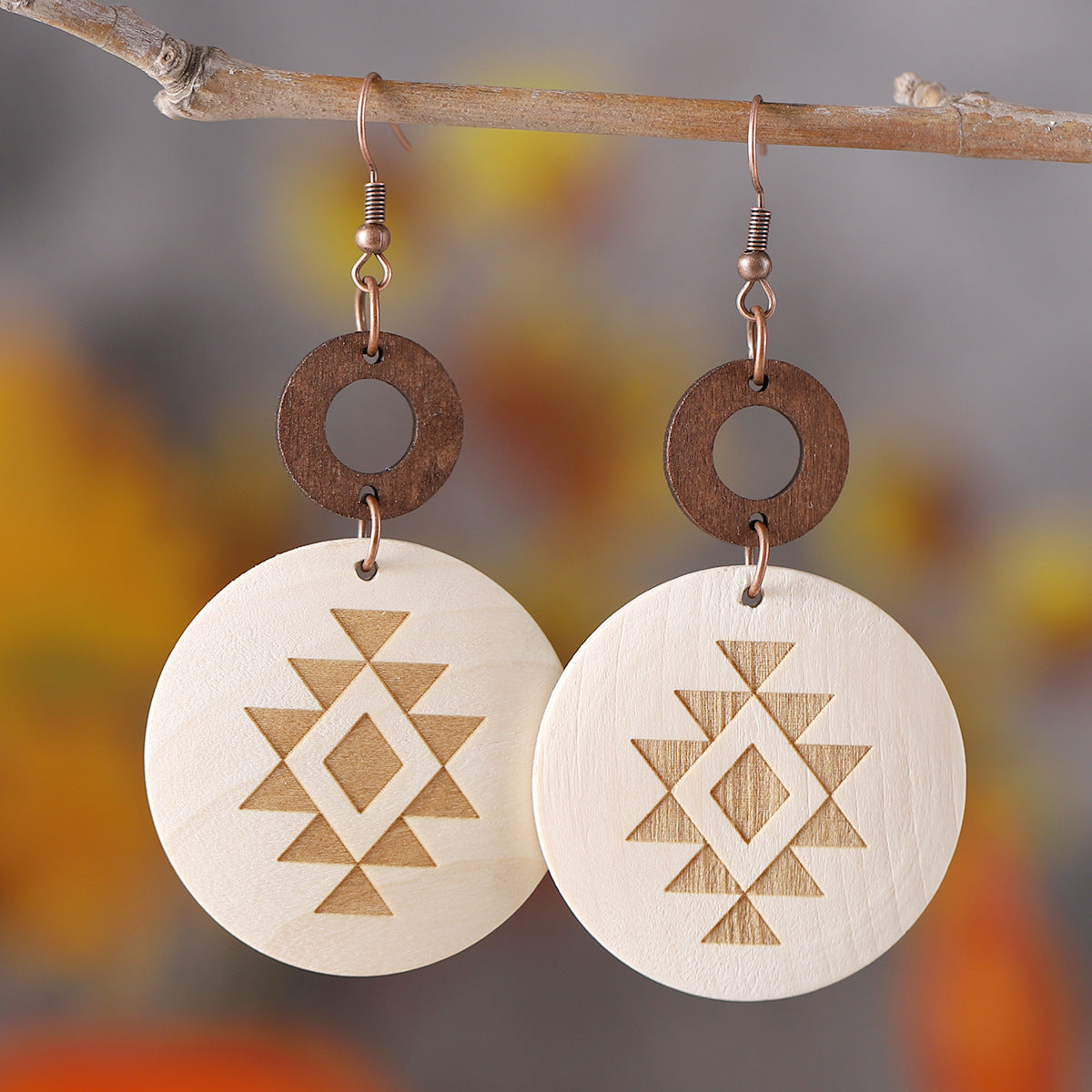 Wholesale Bohemian Western Style Cactus Sun Aztec Pattern Wooden Laser Disc Stitching Earrings