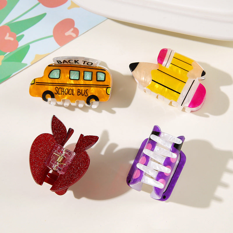 Wholesale Fashion Hair Gripper Clip PVC Cartoon School Bus Pencil Calculator Airplane Design For Women Everyday Styling