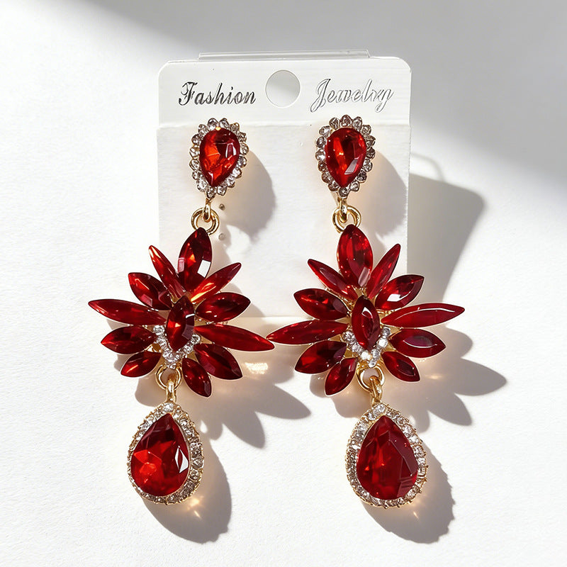 Wholesale Glass Flower Crystal Teardrop Full Diamond Earrings