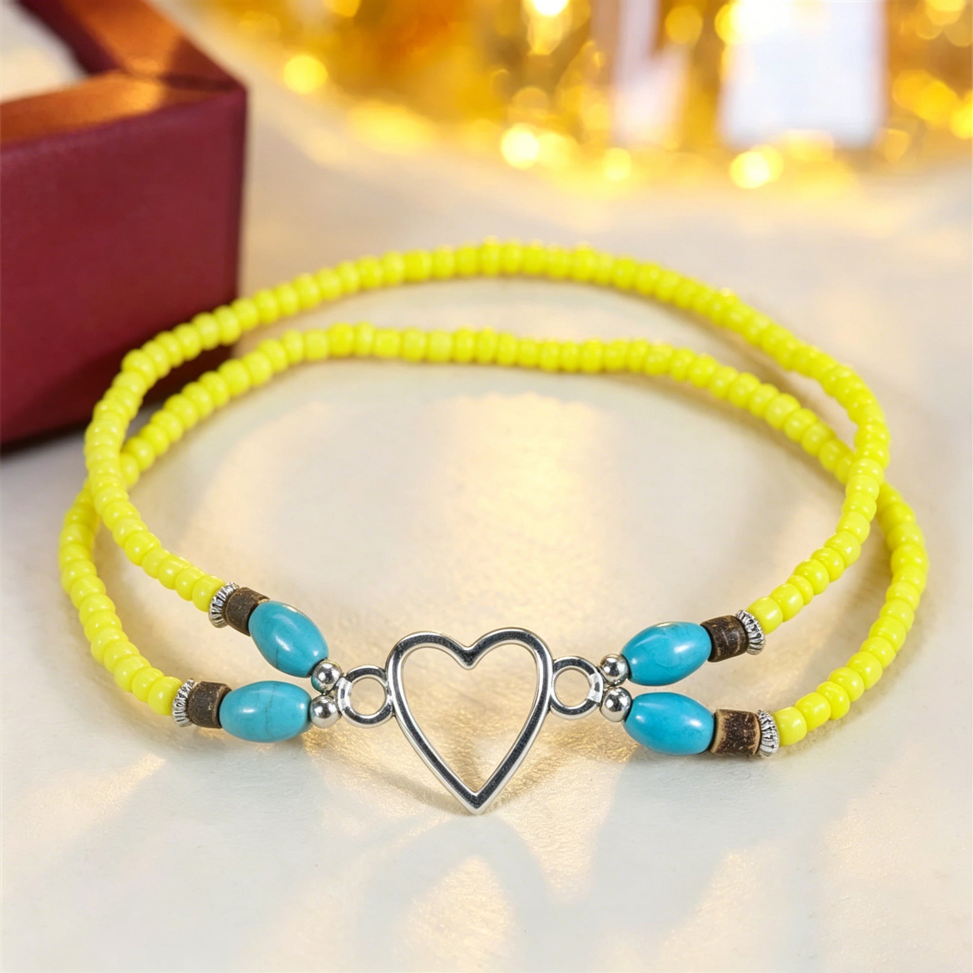 Wholesale Vacation Style Double Heart Beaded Elastic Ankle Bracelet Unisex Fashion Jewelry Accessory For Couples Gift And Boutique Resale