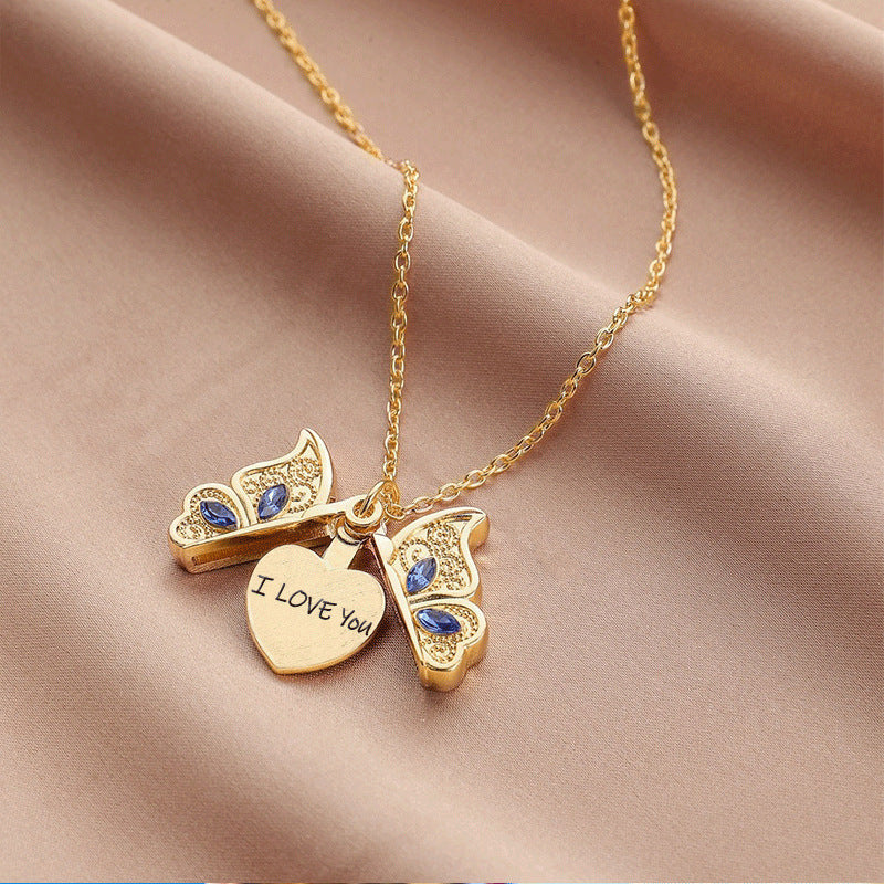 Wholesale Mother's Day ILoveYou Diamond Butterfly Openable Necklace