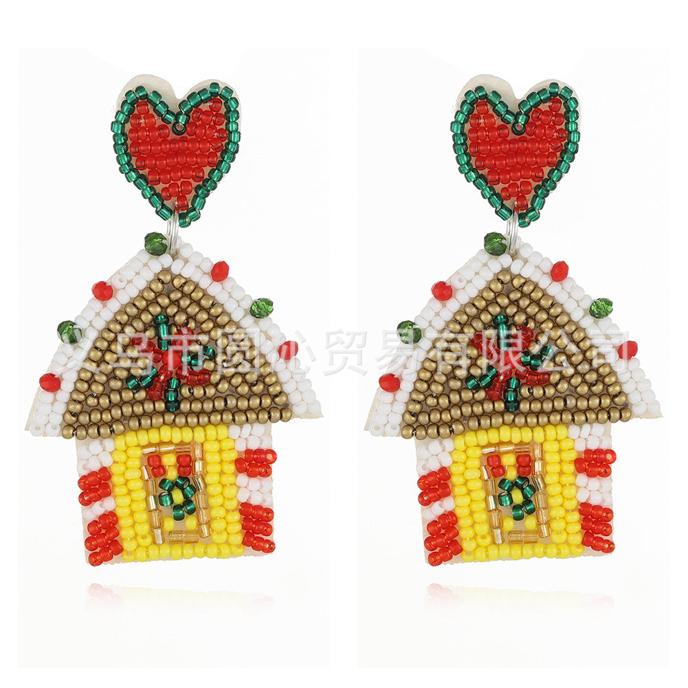 Wholesale Christmas Fabric Felt Christmas Tree Elk Snowman Handmade Rice Bead Earrings