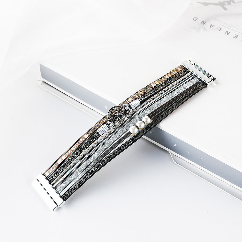 Wholesale Hand Woven Leather Hollow Tree of Life Multilayer Bracelet