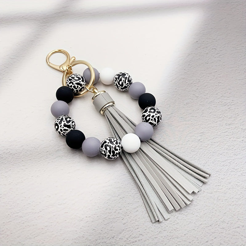 Wholesale 5pcs Leopard Print White Base Wood Beads Wristlet Keychain