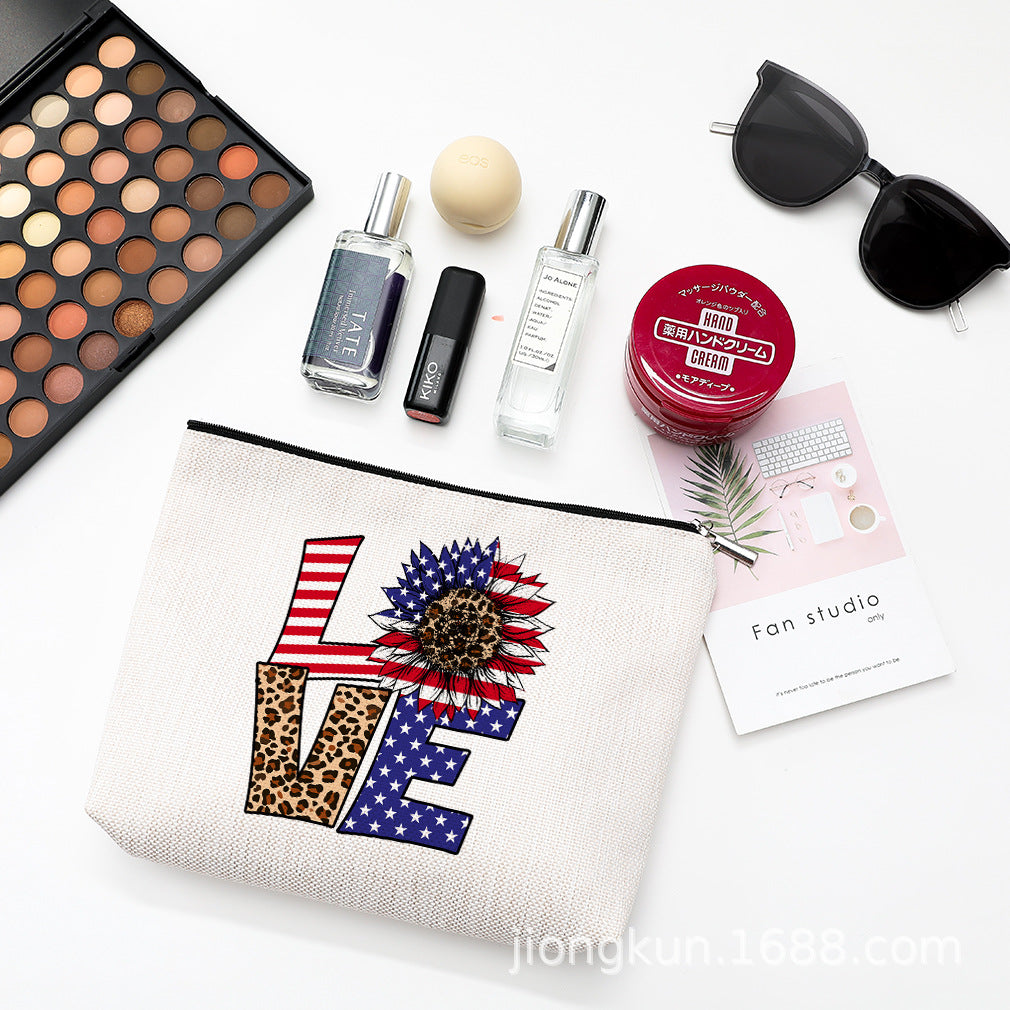 Wholesale Independence Day Waterproof Linen Cosmetic Bag