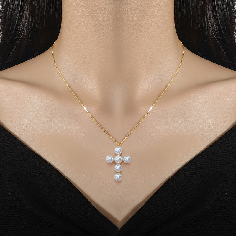 Wholesale Pearl Cross Collarbone Titanium Steel Necklace