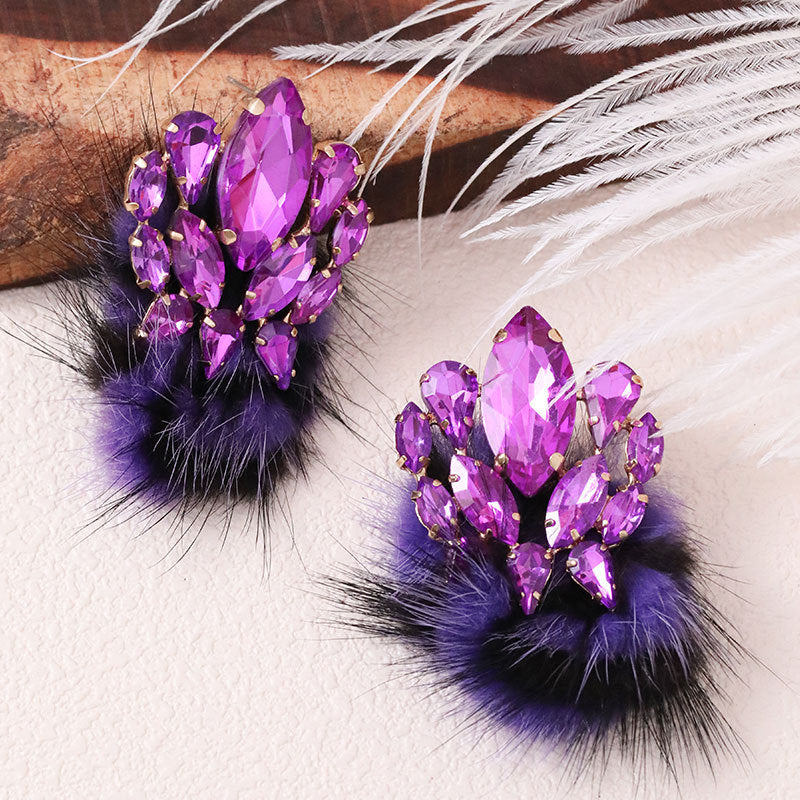 Wholesale Plush Ball Colorful Rhinestone Earrings