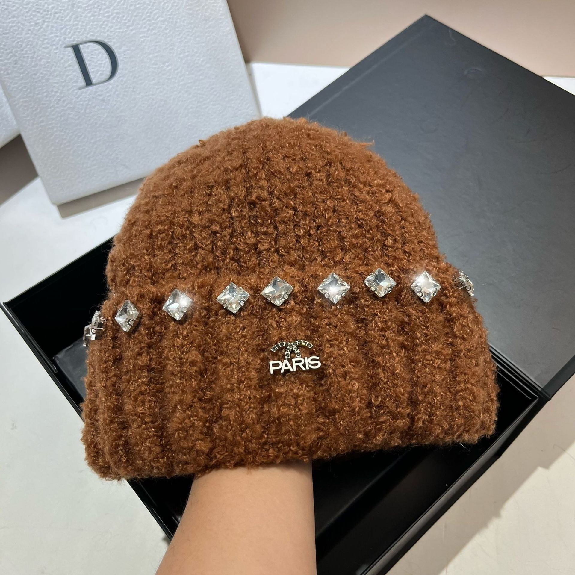 Wholesale Thick Warm Teddy Curl Cute Rhinestone Knitted Hat