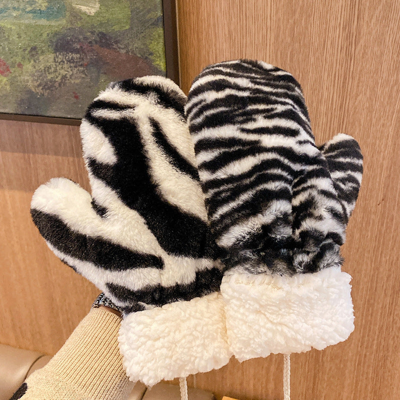 Wholesale Warm Thickened Plush Zebra Print Cow Print Gloves