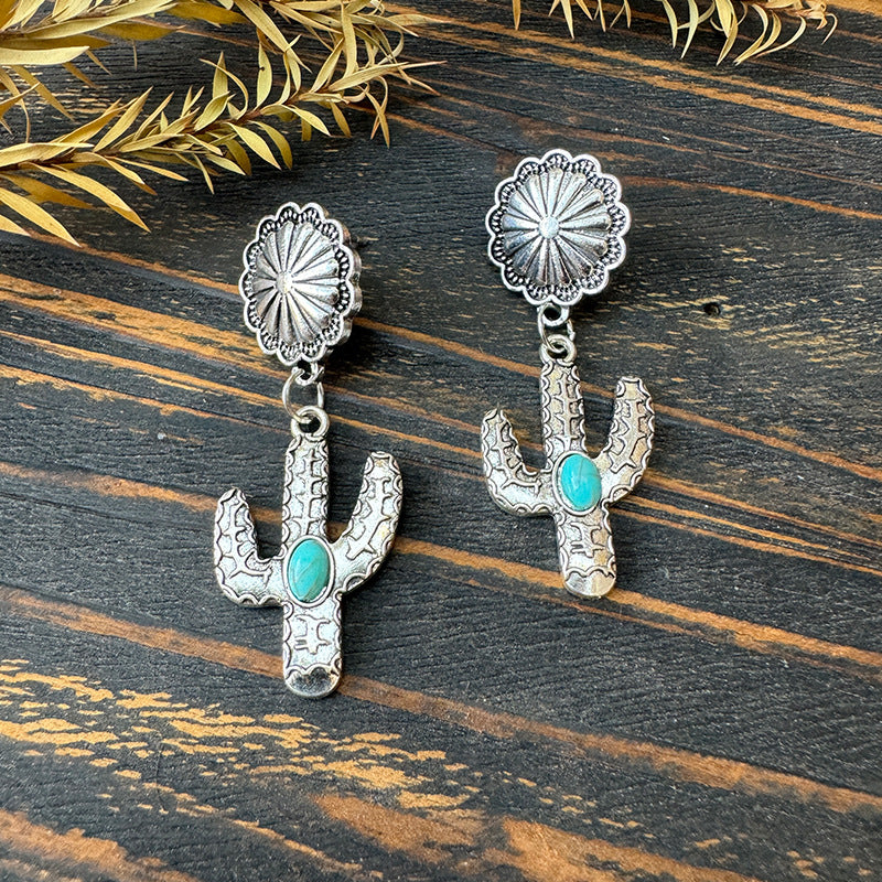Wholesale Western Style Bull Head Sunflower Inlaid Turquoise Metal Earrings