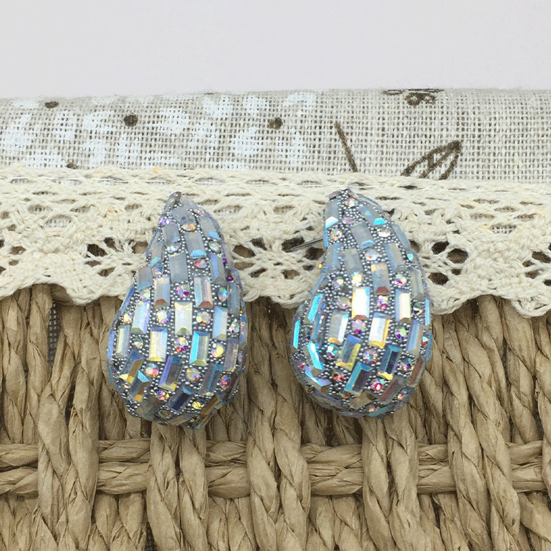 Wholesale Comma Colored Glass Full Diamond Earrings