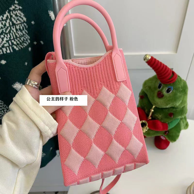 Wholesale Candy Color Mobile Phone Bag Large Capacity Diamond Check Knitted Bag