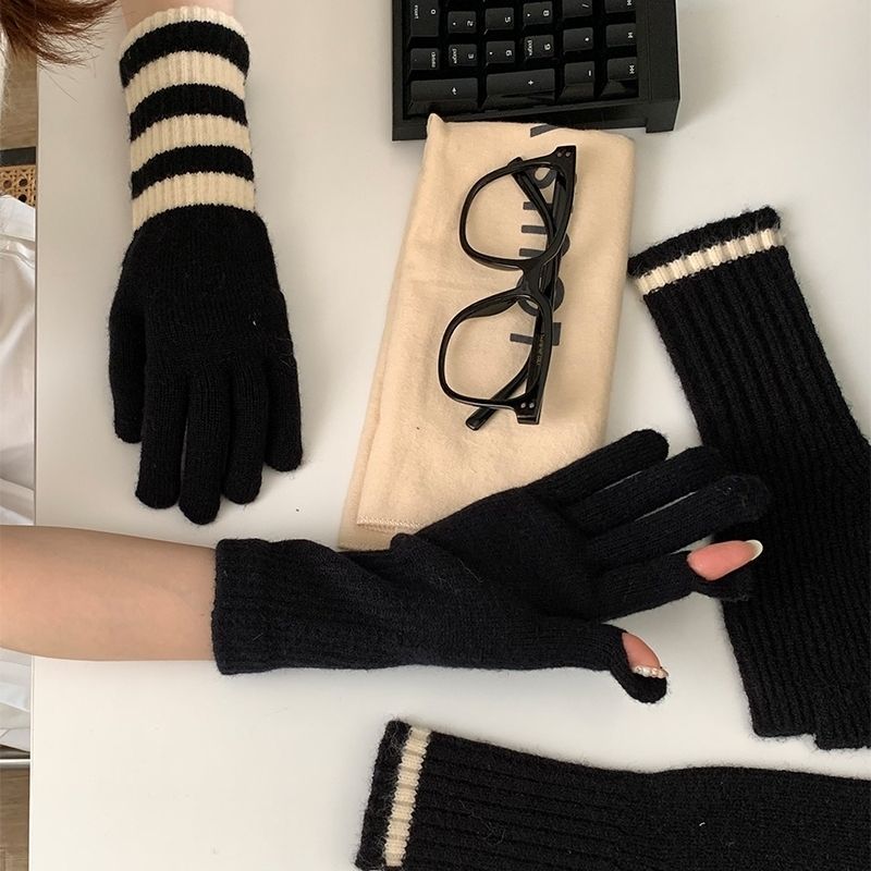 Wholesale Winter AB Version Striped Knitted Fingerless Touch Screen Cycling Warm Wool Gloves