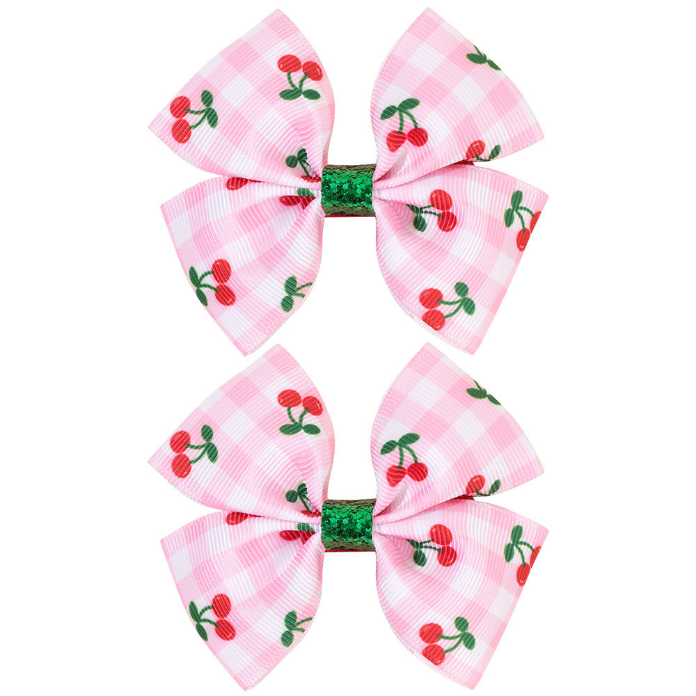 Wholesale Pink Plaid Cherry Print Bow Hairpin