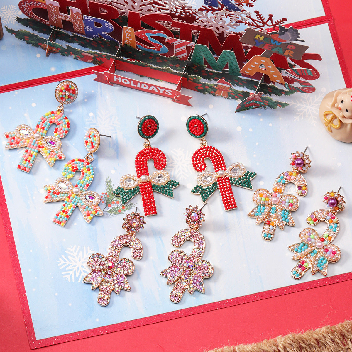 Wholesale Christmas Rice Ball Bow Knot Crutches Guard Christmas Tree Alloy Diamond Earrings