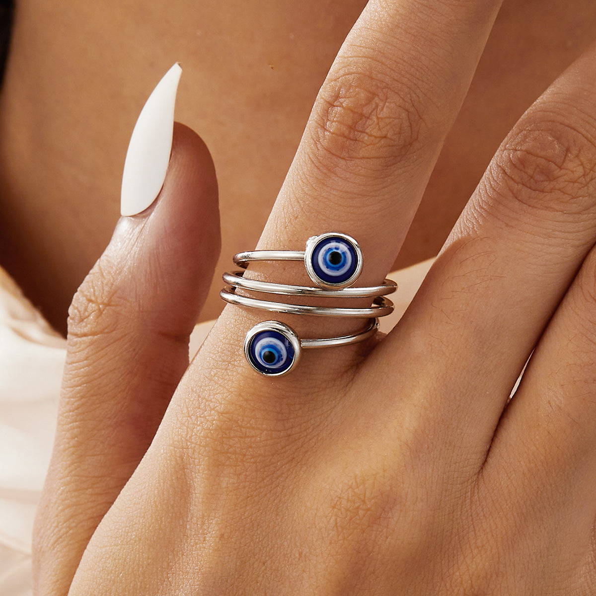 Wholesale Turkish Blue Eye Stainless Steel Evil Eye Open Adjustable Ring