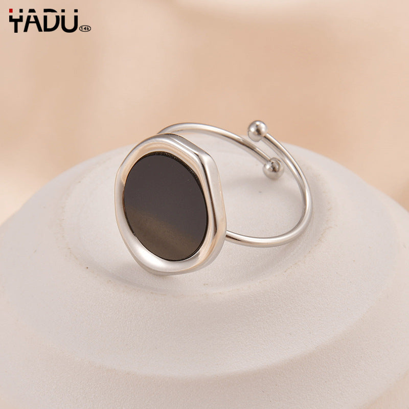 Wholesale Electroplated Stainless Steel Black And White Mother Of Pearl Irregular Geometric Ring Trendy Korean Style Boutique Resale Fashion Jewelry